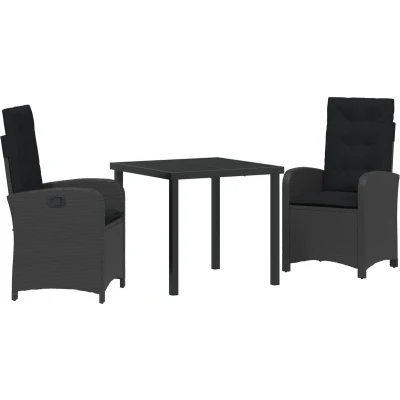 Afbeelding van vidaXL 3 delig Tuin Eettafel Set met Kussens Zwart Poly Rattan