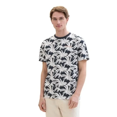 Afbeelding van TOM Tailor MIT Allover Tshirt print, Heren, Maat: Medium, Navy white leaf design