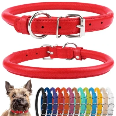 Afbeelding van CollarDirect Opgerolde lederen halsband, zachte gewatteerde ronde puppyhalsband, handgemaakte echt halsband hond kleine grote halsbanden zwart roze rood paars blauw (geschikt voor 9&quot; 12&quot; nek,