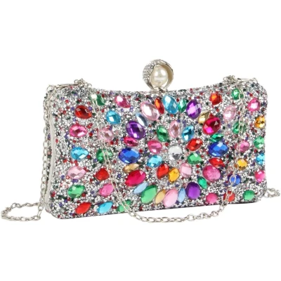 Afbeelding van Dames strass avondtas meerkleurig verblindend kristal onderarmtas party bruid bruiloft cocktailhandtas zilver