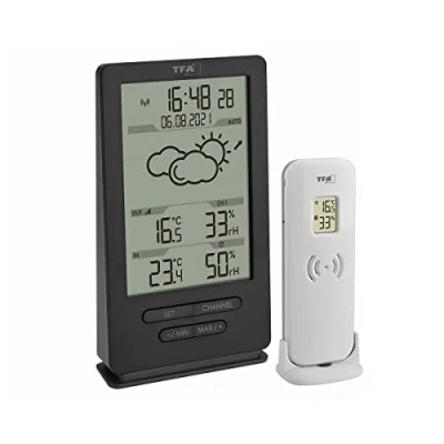Afbeelding van TFA Dostmann modern draadloze weerstation, 35.1162.10, binnen en buitenklimaat, met zender, weersvoorspelling, zendergestuurde klok, temperatuur/luchtvochtigheid, Amazon Exclusive, grijs