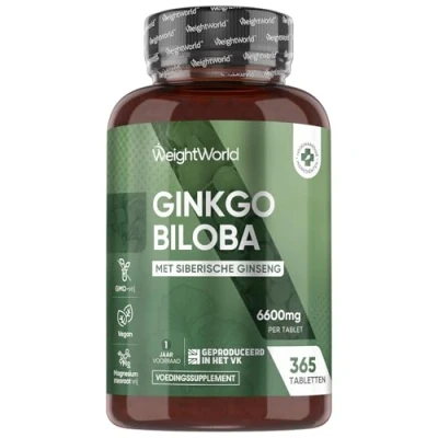 Afbeelding van WeightWorld Ginkgo Biloba 6600 mg 365 tabletten voor 1 jaar Met Siberische Ginseng Vegan