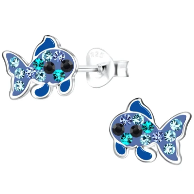 Afbeelding van JoyS Zilveren vis oorbellen 7 x 9 mm blauw kristal visje oorknoppen kinderoorbellen