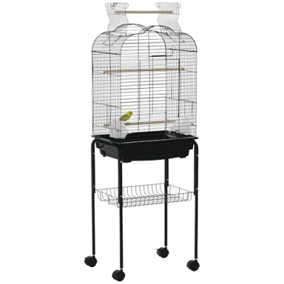 Afbeelding van PawHut Volière vogelkooi op wielen met schuifdak 3 zitstokken onderste plank 46 x 36 130 cm zwart