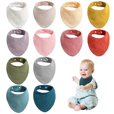 Afbeelding van babyslabbetjes, 12 stuks slabbetjes van 100% biologisch katoen, bandana voor jongens en meisjes, met 2 drukknopen, zacht absorberend katoenen slabbetje, Kleur: zwart/bruin,,