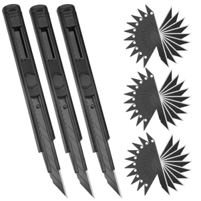 Afbeelding van 3 stuks cuttermessen 9 mm met 30 graden afbreekmessen van roestvrij staal, intrekbaar kater mes, multifunctioneel tapijtmes, professioneel voor papier, karton, breien, kunststof,