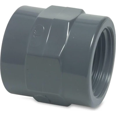 Afbeelding van Draadsok PVC U 63 mm x 2 inch lijmmof binnendraad 16 bar grijs type versterkt