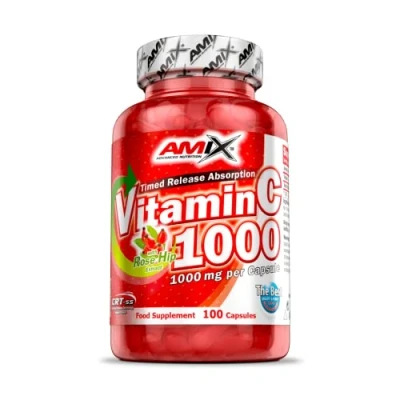 Afbeelding van AMIX Vitamine C 100 caps 1000 mg per capsule, verrijkt met rozenbottels helpt het immuunsysteem te versterken en behouden