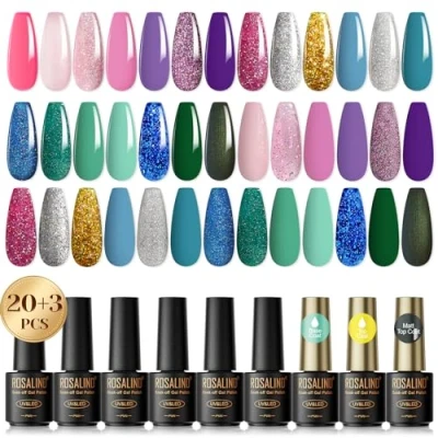 Afbeelding van ROSALIND Uv nagellakset, 23 stuks mini kleurgel voor gelnagels, roze, naakt, paars, blauw, groen, glitter, Shellac gelnagelset, soak off, natuurlijke gellak, nagellak beginners, nail art,