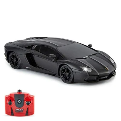 Afbeelding van Lamborghini Aventador officiële gelicentieerde afstandsbediening auto met werklichten, radiogestuurde RC op de weg 1:24 schaal, 2,4 Ghz matzwart