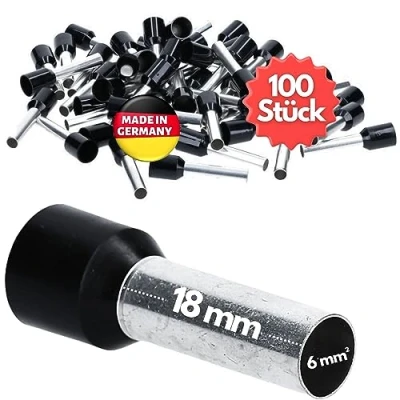 Afbeelding van 100 stuks Kalitec AE618SW adereindhulzen geïsoleerd 6,0 mm² 18 mm lang zwart I Made in Germany Industriële kwaliteit