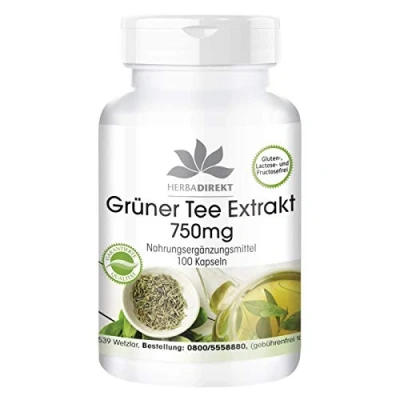 Afbeelding van Groene thee extract capsules 750mg hoge dosis veganistisch 100 met 50% EGCG HERBADIREKT by Warnke Vitalstoffe Duitse apothekerskwalitei