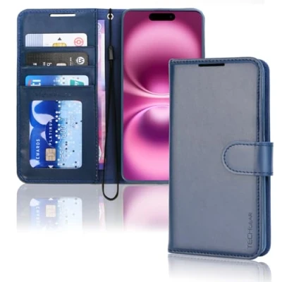 Afbeelding van TECHGEAR iPhone 16 Lederen Wallet Case, Beschermende Flip Case Cover met [RFID BLOCKING] Portemonnee Kaarthouder, Stand en Polsband Blauw PU Leer Magnetische Sluiting voor 6.1 inch