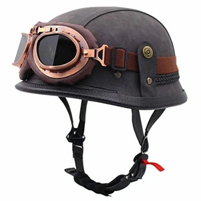 Afbeelding van Vintage Duitse Lederen Motorfiets Halve Helm,ECE Goedgekeurde Heren Dames Open Helm Met Verstelbare Snelsluiting Half Shell +Bril Voor Cruiser Scooter 8,XL