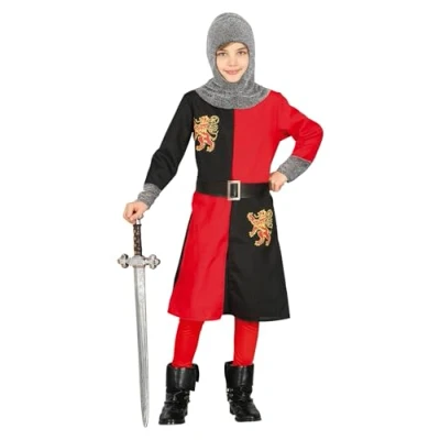 Afbeelding van Guirca Middeleeuwse &amp; Renaissance Strijders Kostuum Ridder Van De Vierkante Tafel Ricardo Jongen Rood, Zwart, Zilver 7 9 jaar Carnavalskleding Verkleedkleding