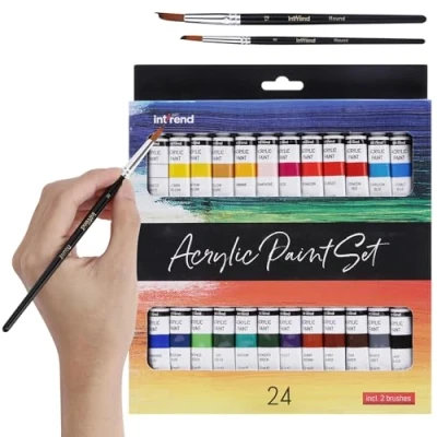 Afbeelding van int!rend Acrylverfset, 24 watervaste verven van elk 12 ml + 2 penselen, acrylverf voor papier, hout, canvas, klei, stenen, gips, het schilderen foto&#039;s, handwerk en modelbouw
