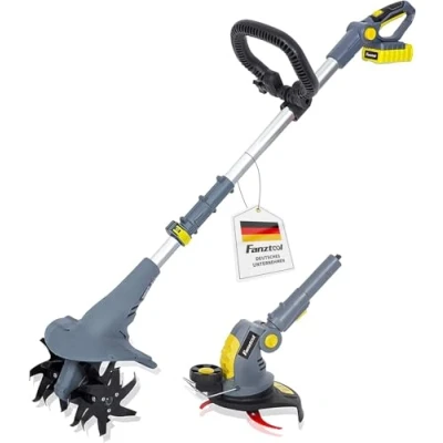 Afbeelding van FANZTOOL Motorhak, 20 V, mini grondhak, tuinfrees, werkbreedte van cm, krachtige Li ion accu 2,5 Ah, set met motorhak en grastrimmer