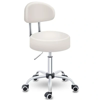Afbeelding van TRESKO® Rolkruk met leuning beige Werkkruk in hoogte verstelbaar 47 60 cm Draaikruk wieltjes Bureaustoel kruk draaistoel visagiekruk