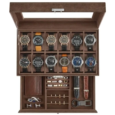 Afbeelding van SONGMICS Horlogedoos, Horlogekast, Glazen deksel, Doos met 2 niveaus, 12 Horloges, Afsluitbaar, 1 Lade, Ringen, Armbanden