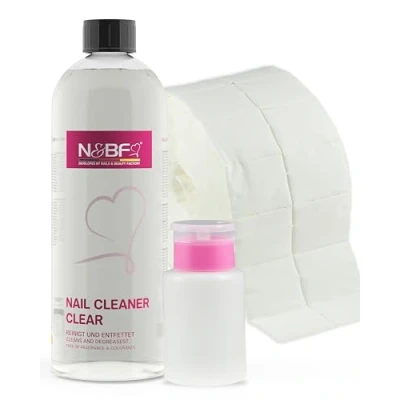 Afbeelding van N&amp;BF Reinigingsset voor nagels, met 1000 ml nagelreiniger, dispenser flesje pomp en celstofdeppers (2 rollen à 500 stuks), bevat 70% Isopropanol Alcohol (Isopropylalcohol), geschikt gelnagels