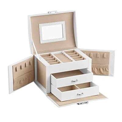 Afbeelding van SONGMICS sieradendoos 3 niveaus, met handvat, 2 lades, spiegel, slot, sieraden opbergen voor op reis, modern, cadeau idee, klassiek wit JBC154W01