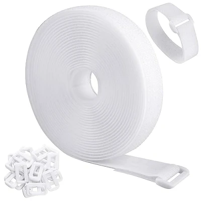 Afbeelding van WSZJINB 5 m x 2 cm verstelbare kabelriemen met 25 gespen, vrije snijlengte, zwarte herbruikbare bevestigingskabelbinders, haak en lus beveiligingsriem voor kabelnetjes, draadbeheer, snoerorganizer,