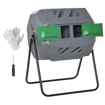 Afbeelding van Outsunny Tuincompostbak, compostbak voor afval, 360 draaibaar, dubbele kamer, 160 l, PP staal, grijs