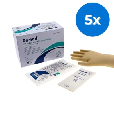 Afbeelding van Romed latex operatiehandschoenen poedervrij steriel verpakt Set van 5 doosjes Maat 8.0