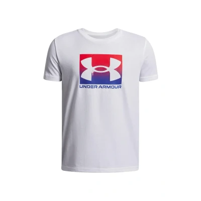 Afbeelding van Under Armour Boy&#039;s Boxed Logo T shirt met korte mouwen, Wit/Koninklijk, 140/150 cm
