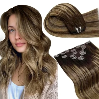 Afbeelding van LaaVoo Clip in Hair Extensions Human 7pcs 120g 22Inch Balayage Donkerbruin Mix Karamel Blonde Haarextensies Remy Naadloze Dubbele Weft #4/27/4