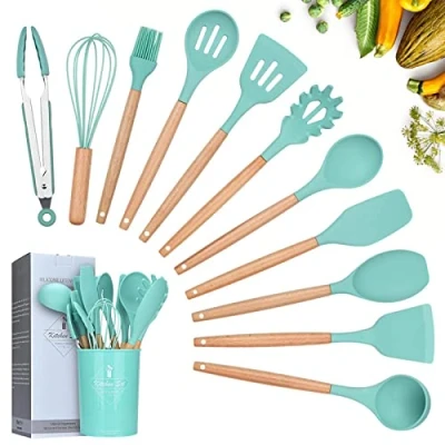 Afbeelding van Siliconen Kookgerei Keukengerei Set, 12 Stuks Natuurlijke Houten Handgrepen Koken Tool Bpa Gratis Niet Giftige Turner Tang Spatel Lepel Keuken Gadgets Gebruiksvoorwerp Set (Donkergroen)
