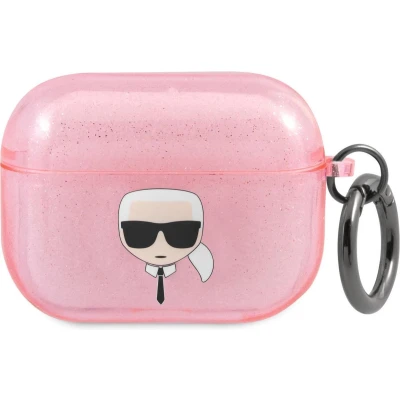 Afbeelding van Karl Lagerfeld Karl&#039;s Head Silicone Glitter Case voor de Apple AirPods Pro Roze