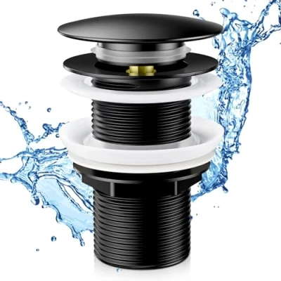 Afbeelding van Click Clack bidet afvoerplug zonder overloop, afvoer voor wastafel, universele stop G1 1/4 inch, alle soorten wastafels (zwart)