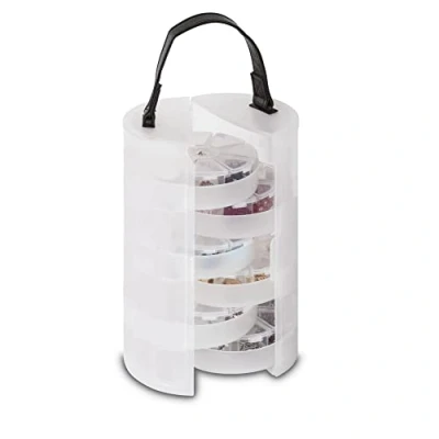 Afbeelding van Rayher 39499000 Sorteerdoos, voor kleine onderdelen, rond, ø 13 cm, met draaggreep, transparant, strijkkralen, pailletten, kralen, sierstenen, strass en glitter, sieradendoosje, rond
