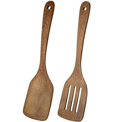 Afbeelding van houten spatel, pak van 2 massief draaier, keuken sleufspatels om te koken, hittebestendige spatels voor het bakken niet stick kookgerei