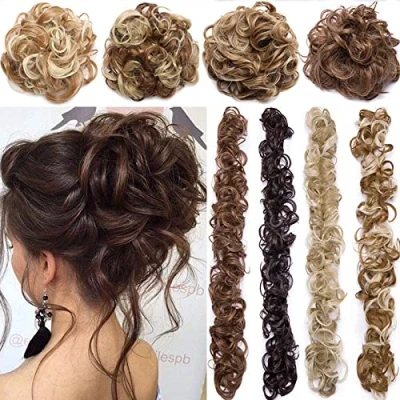 Afbeelding van XXXL haarverlenging haarstukje haarelastiek opgestoken kapsels VOLUMINOUS krullende rommelige knot paardenstaart haarextensie lange lichtbruin