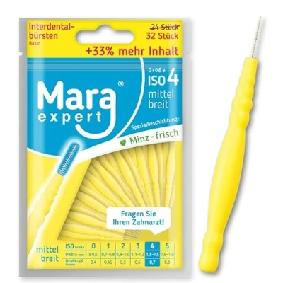 Afbeelding van Mara interdentale borstels, geel, 1,3 1,5 mm, ISO 4 medium breed, 33% meer inhoud, voordeelverpakking, ideale tandenborstel, met mintsmaak, 32 stuks,