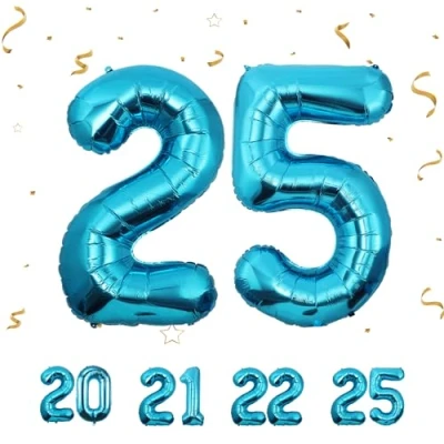 Afbeelding van Ballonnen verjaardag 25 jaar blauw 101 cm verjaardagsdecoratie voor een man vrouw opblaasbaar cijfer folie beige
