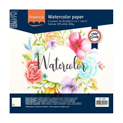 Afbeelding van Florence Aquarelpapier, 30,5 x cm, ivoorwit, van 300 g/m² gestructureerd papier, 5 vellen voor scrapbooking, aquarelschilderen, handbelettering en penseelletters