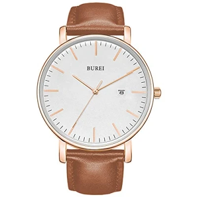 Afbeelding van BUREI Ultradun minimalistisch, modern herenhorloge Stijlvol datumhorloge met klassiek eenvoudig ontwerp van groot gezicht en zachte bruine lederen band