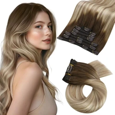 Afbeelding van Moresoo clip in extensies van echt haar, ombre Remy menselijk extensies, bruin, haarextensies, bruin tot lichtbruin met blond #3/8/22, 7 strengen, 120 g, 55 cm