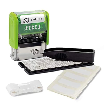 Afbeelding van Trodat Stempel je spullen voor kinderen, stempelset om zelf vorm te geven 3 regels, Duits, zelfkleurend, textielstempel wasmachinebestendig, 38 x 14 mm, afdruk zwart, inclusief accessoires