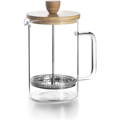 Afbeelding van Franse koffiemachine, koffiepers, koffiezetapparaat met zuiger, kan voor filterkoffie, 6 kopjes, 0&#039;80L, staal en hout [Energieklasse A+]