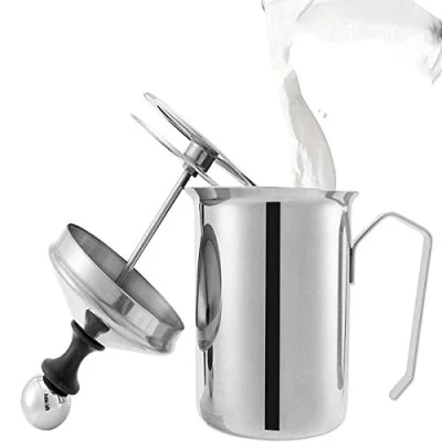 Afbeelding van 800 ml roestvrijstalen melkopschuimer handpomp creamer, lychee roestvrij staal dubbel gaas handmatige koffie melk schuim schuimkruik schuimpomp schuimbeker voor warme chocolademelk latte