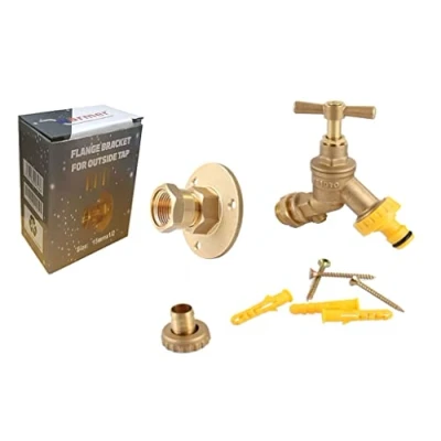 Afbeelding van Buiten 1/2 Dubbele Check Tuin Tap Met Door De Muur Flens Beugel Set Voor 15mm Koper Of Plastic Pijp