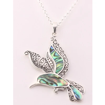 Afbeelding van Zilveren kolibrie hanger met abalone schelp aan ketting