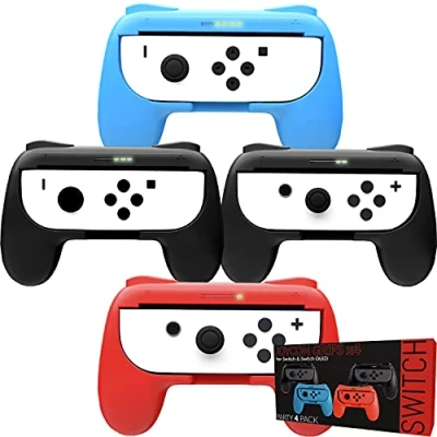 Afbeelding van Orzly handgrepen voor Nintendo Switch Joycon Controller Super Smash Brothers en andere games. Feestpakket [1 X BLAUW, 1 ROOD, 2 ZWART] met LED lichtindicatoren