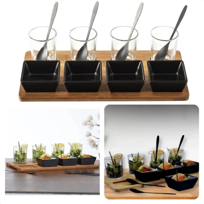 Afbeelding van Cheqo® Tapas Serveerset Bamboe Serveerplank met Schaaltjes en Lepeltjes 13 Delig Set voor Serveren Borrelplank 30x15 cm Glaasjes Inbegrepen