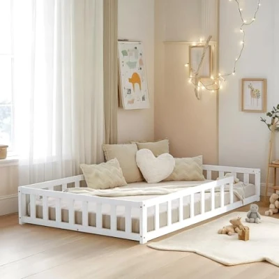 Afbeelding van Homestyle4u Montessori Vloerbed, 120 x 200 cm, wit, met valbeveiliging, houten bed lattenbodem
