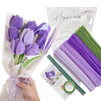 Afbeelding van YYUENG TAK 200 stuks pijpenrassers, tulp, bloemenboeket set met 3 paarse kleuren en bladgroen, 12 groene knutseldraad, instructies, cadeaupapier, cadeaulint, lijmstift, groen plakband